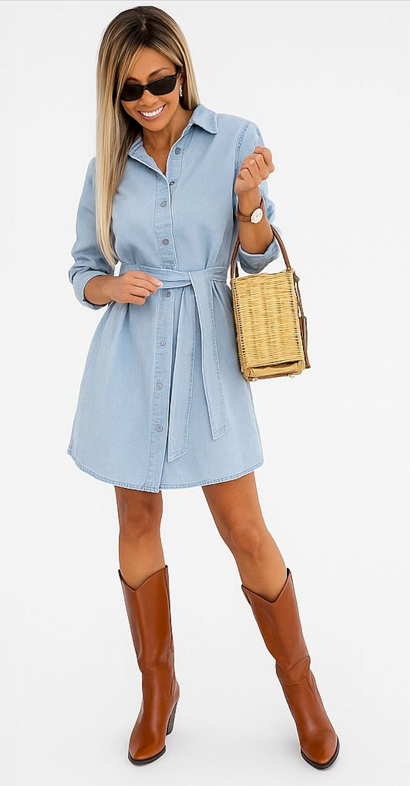 Vestido camisero de mezclilla con botones y cinturón