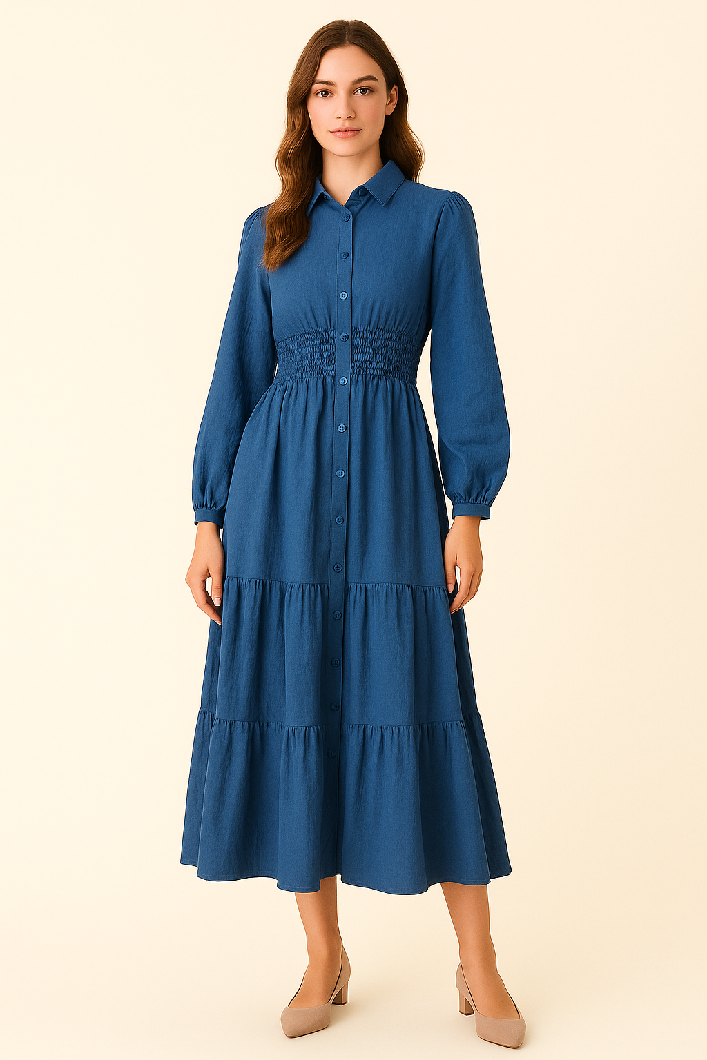 Vestido camisero midi con cintura fruncida