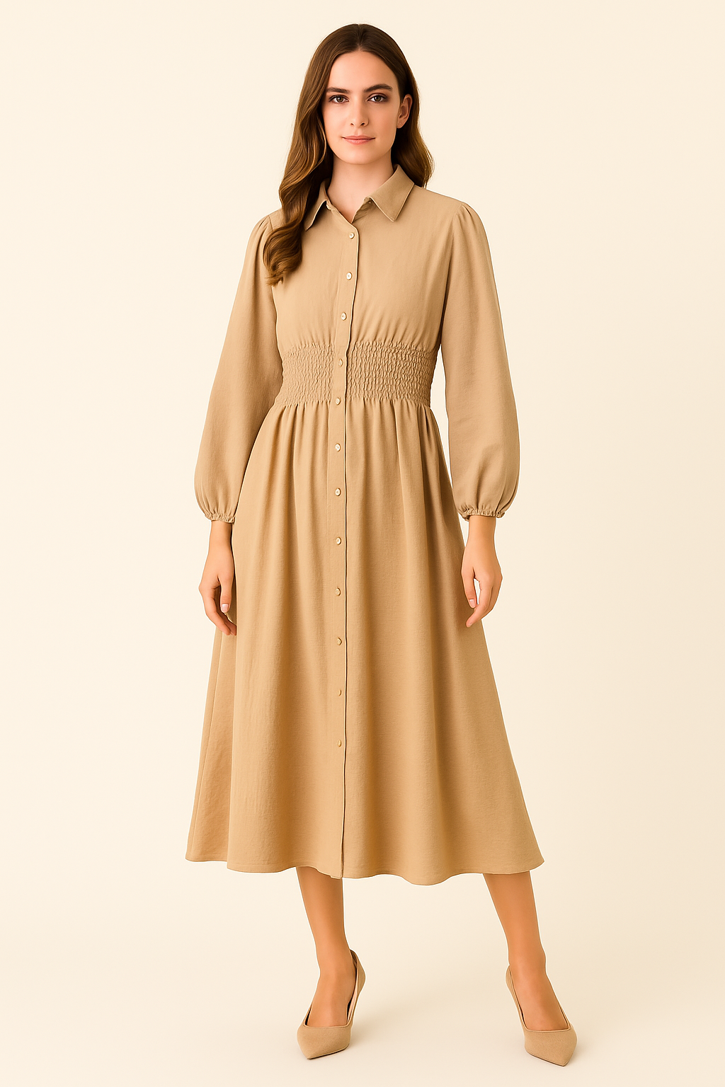 Vestido camisero midi con cintura fruncida