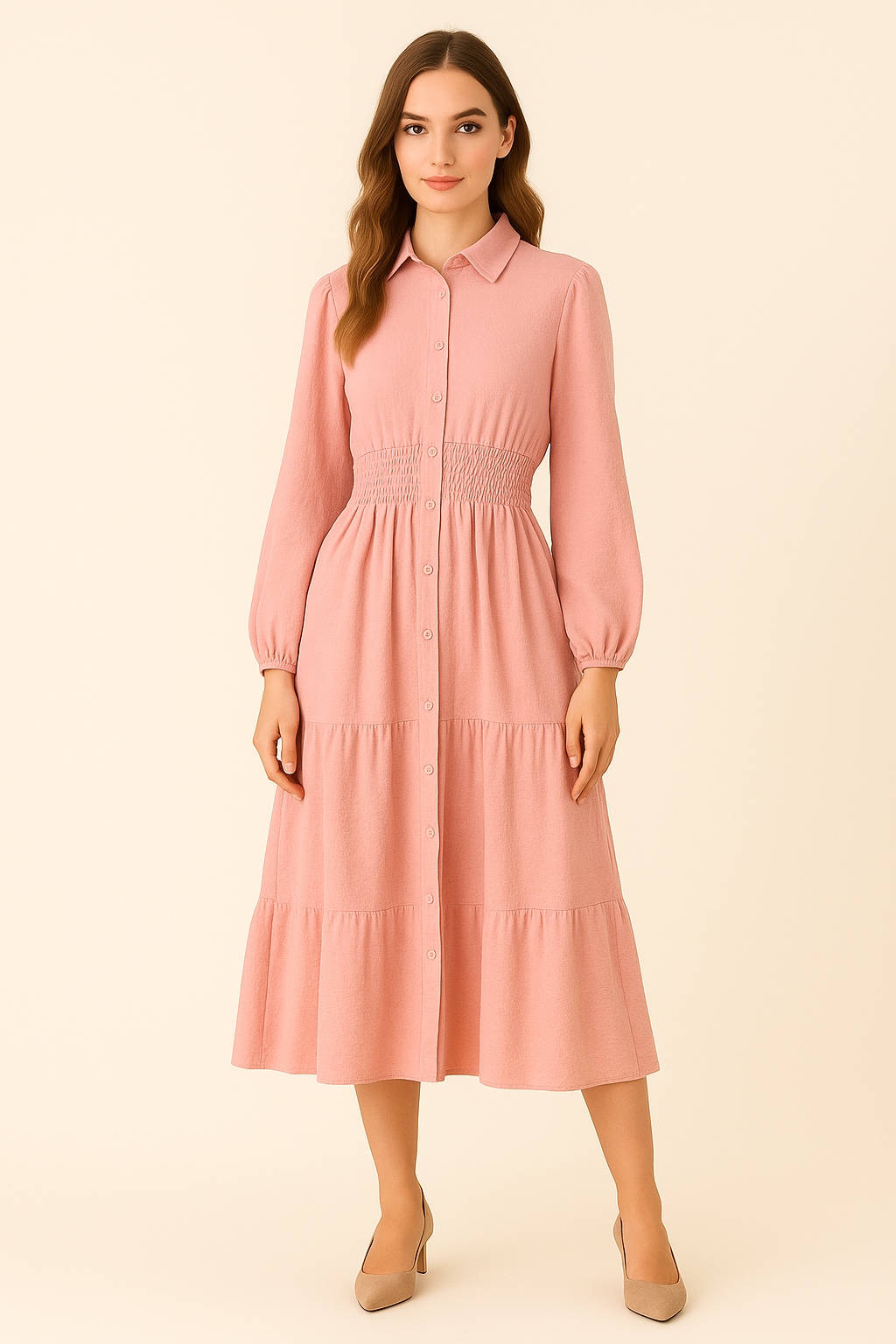Vestido camisero midi con cintura fruncida