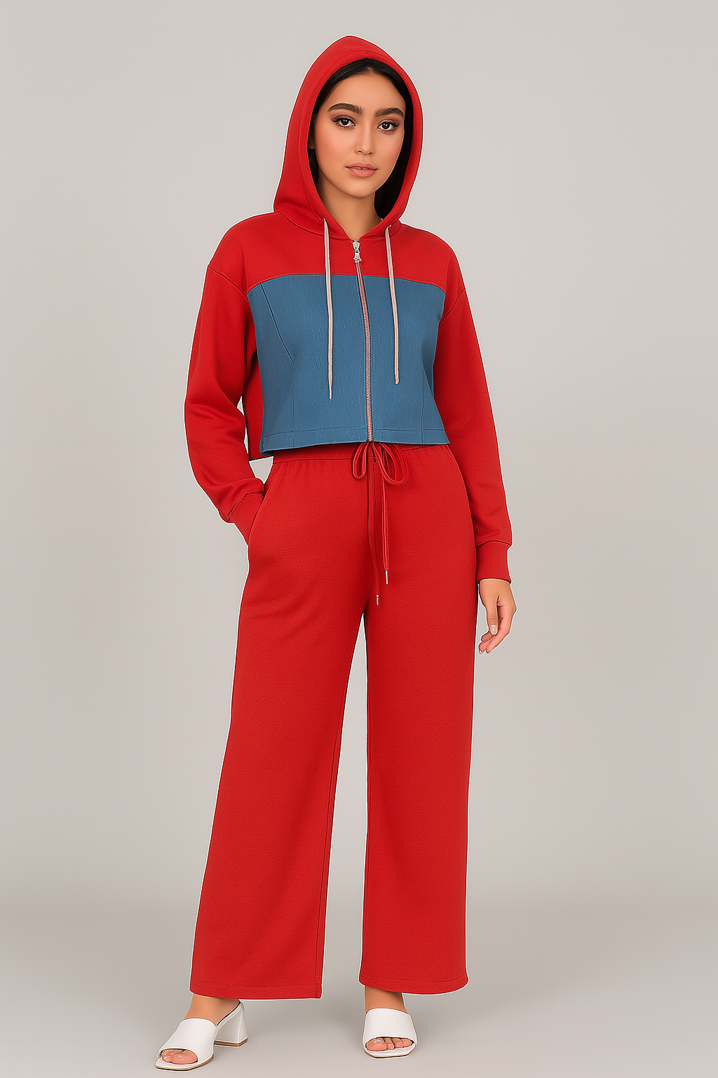 Conjunto con capucha y paneles de mezclilla