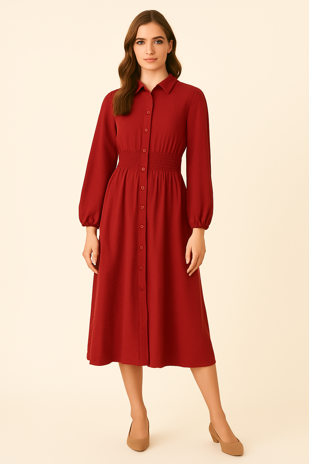 Vestido camisero midi con cintura fruncida
