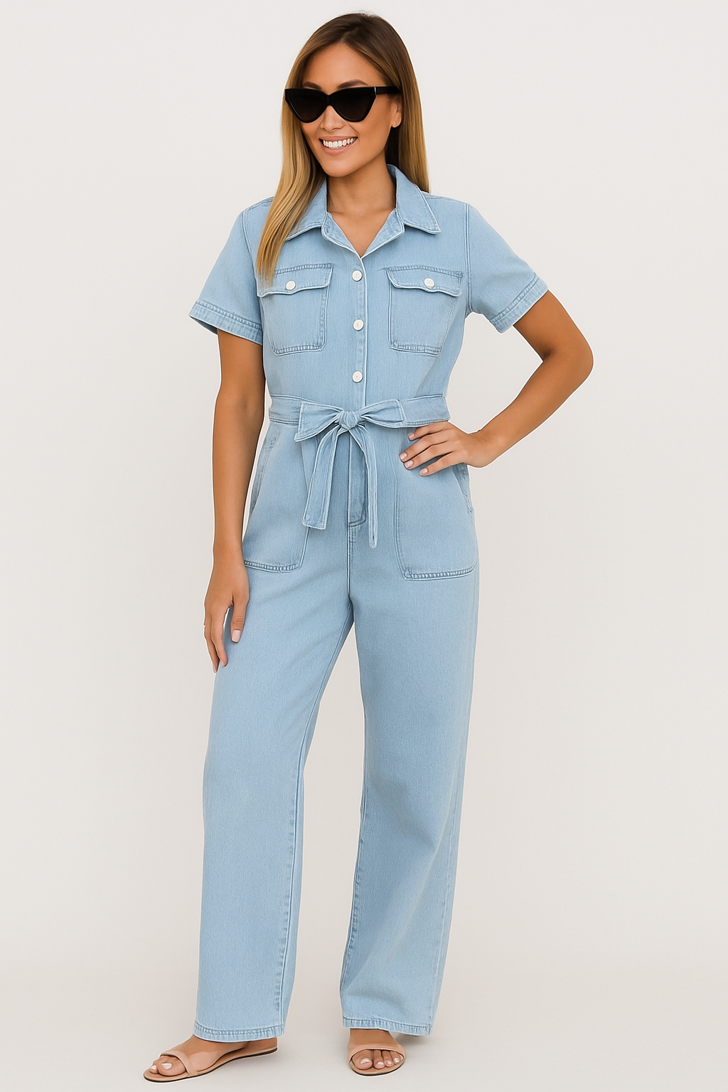 Woman wearing a light blue denim jumpsuit on a white background