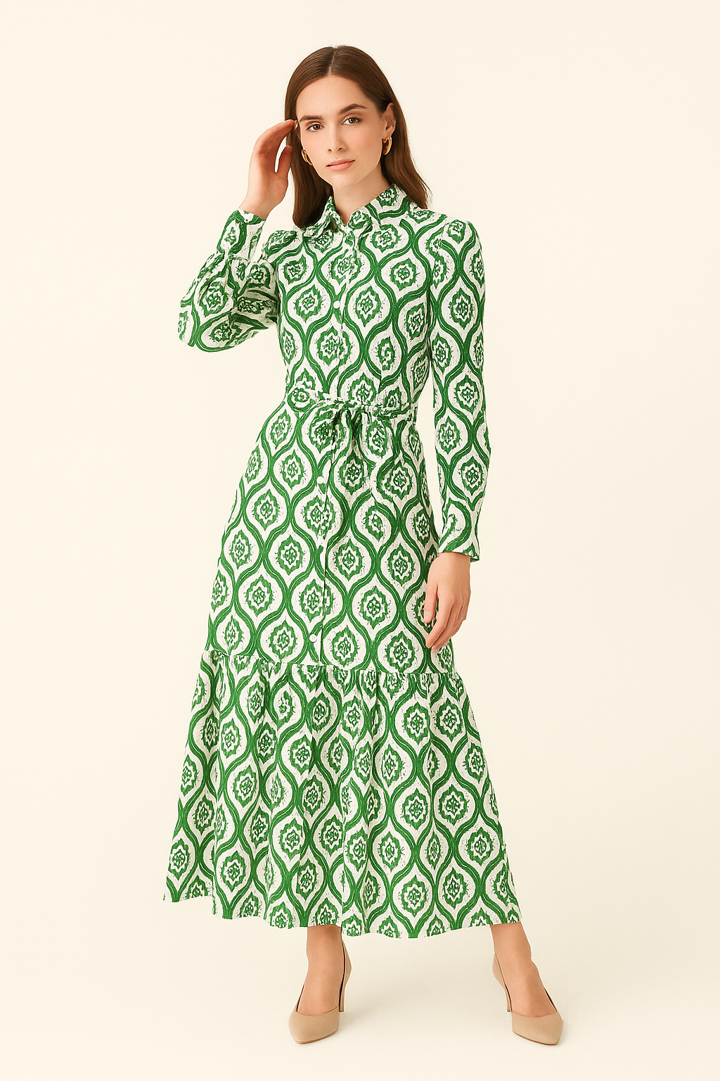 Vestido largo estampado geométrico con cinturón ajustable