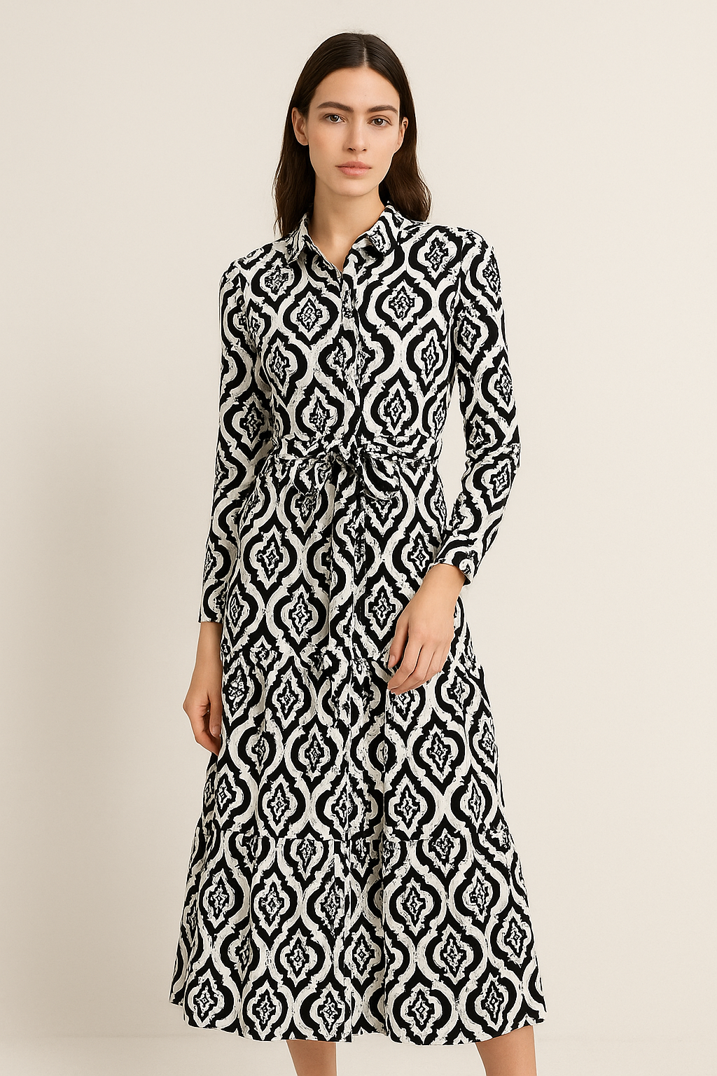 Vestido largo estampado geométrico con cinturón ajustable