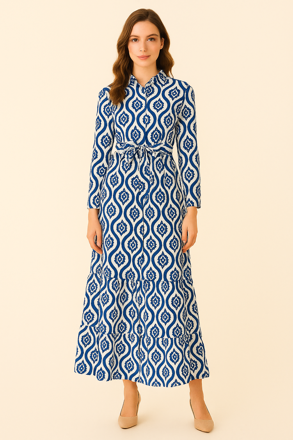 Vestido largo estampado geométrico con cinturón ajustable