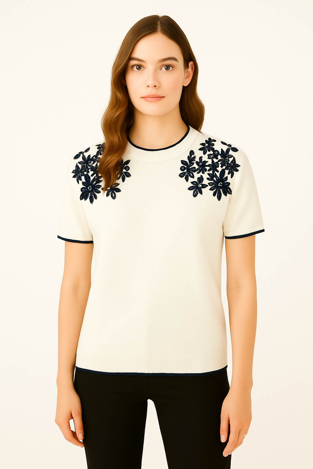 Camiseta de punto bordada con flores