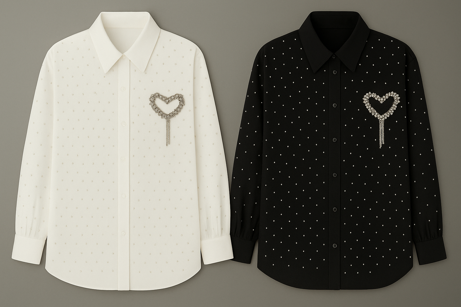 Camisa con pedrería y broche en forma de corazón
