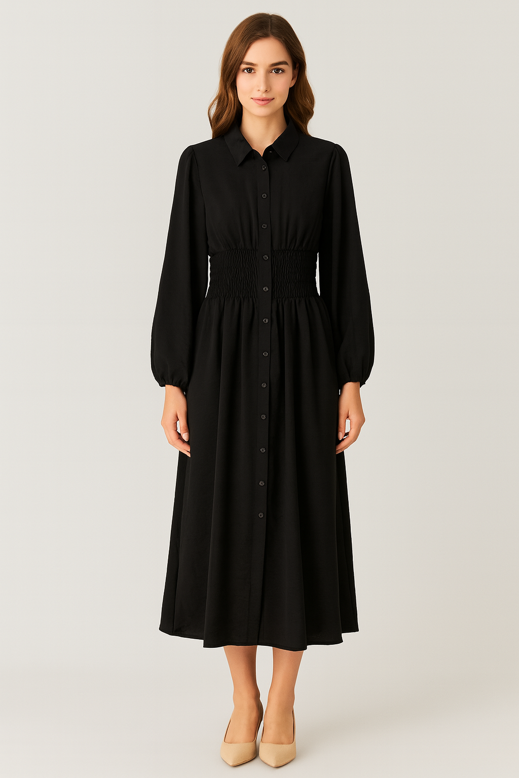Vestido camisero midi con cintura fruncida