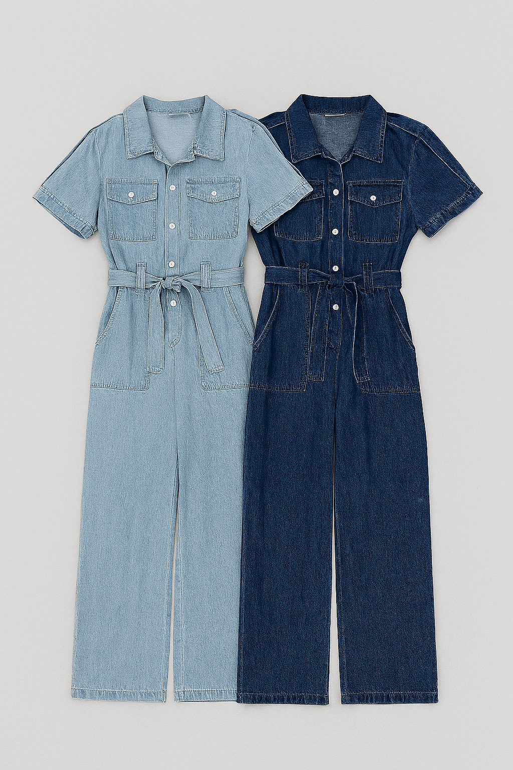 Two denim jumpsuits, one light blue and one dark blue, on a white background.