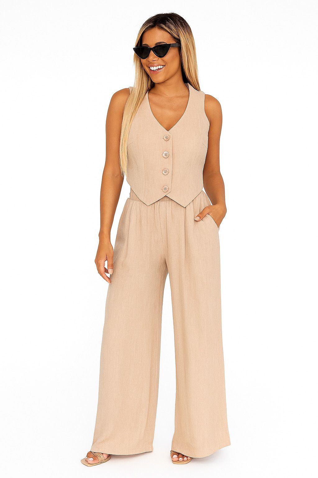 Conjunto de chaleco entallado y pantalón de pierna ancha