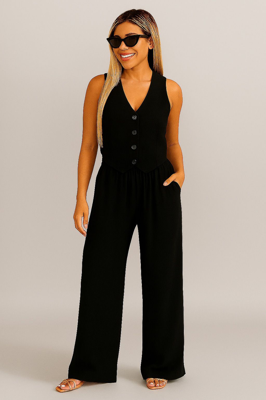 Conjunto de chaleco entallado y pantalón de pierna ancha