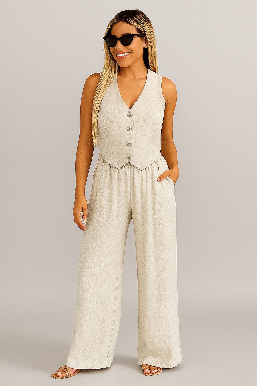 Conjunto de chaleco entallado y pantalón de pierna ancha