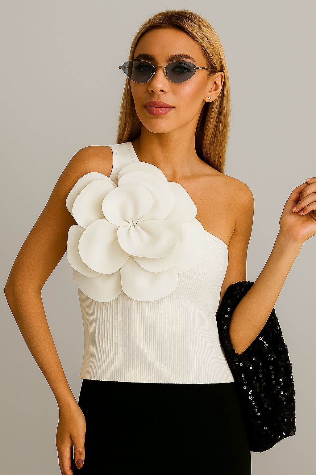 Top de punto con flores 3D y corte oversize