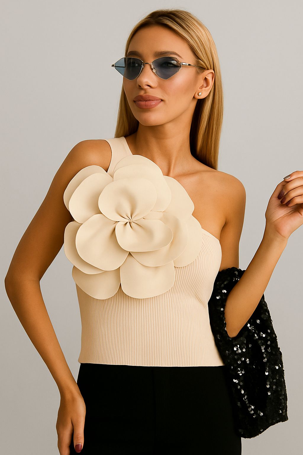 Top de punto con flores 3D y corte oversize