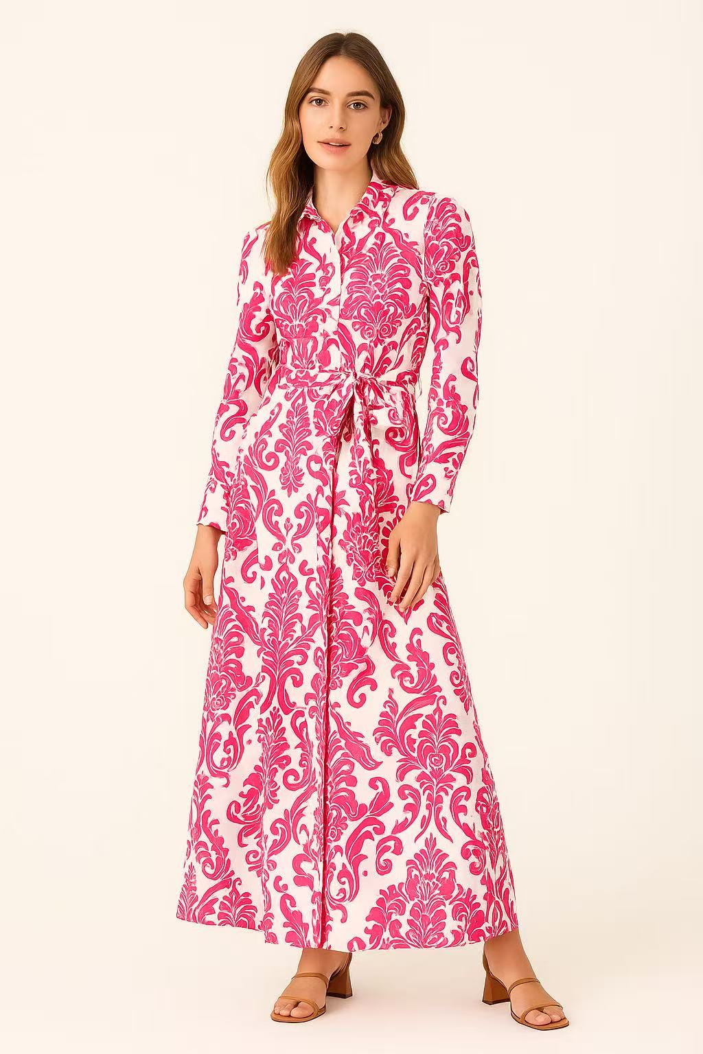 Vestido largo estampado barroco con cinturón